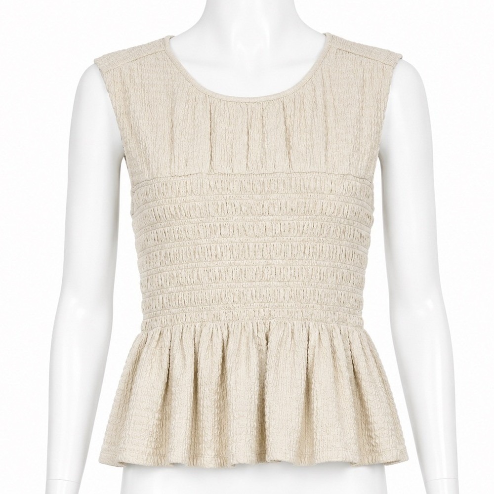 Evereve Smocked Peplum Tank Top Women's Small Beige Minimalist